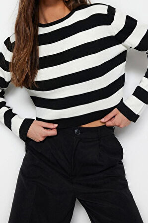 Kadın Modern Tarz Rahat Uzun Bisiklet Yaka Çizgili Kol Crop Triko Kazak