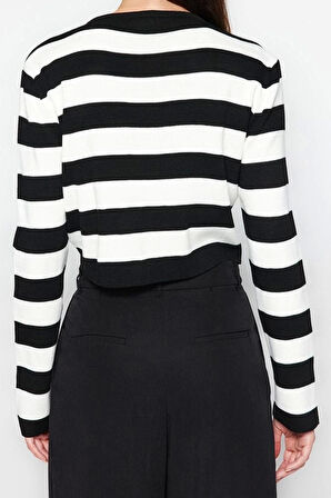 Kadın Modern Tarz Rahat Uzun Bisiklet Yaka Çizgili Kol Crop Triko Kazak