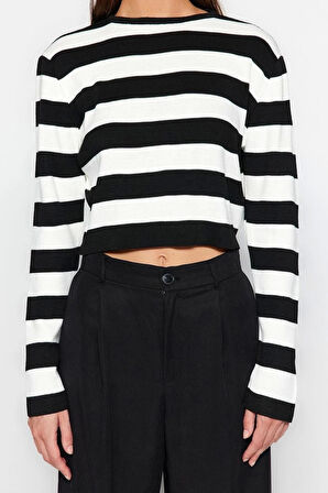 Kadın Modern Tarz Rahat Uzun Bisiklet Yaka Çizgili Kol Crop Triko Kazak