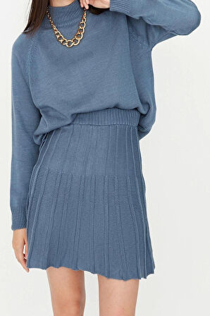 Moda Yüksek Bel Düz Dik Yaka Reglan Kol Casual Günlük Fırfır Detaylı Dik Yaka Triko Alt-Üst Takım