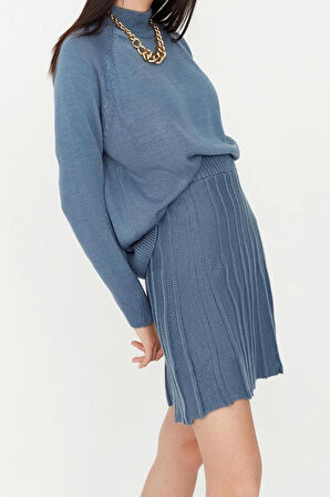 Moda Yüksek Bel Düz Dik Yaka Reglan Kol Casual Günlük Fırfır Detaylı Dik Yaka Triko Alt-Üst Takım