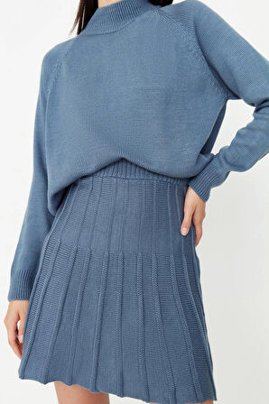 Moda Yüksek Bel Düz Dik Yaka Reglan Kol Casual Günlük Fırfır Detaylı Dik Yaka Triko Alt-Üst Takım