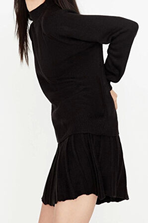 Moda Yüksek Bel Düz Dik Yaka Reglan Kol Casual Günlük Fırfır Detaylı Dik Yaka Triko Alt-Üst Takım