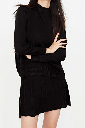 Moda Yüksek Bel Düz Dik Yaka Reglan Kol Casual Günlük Fırfır Detaylı Dik Yaka Triko Alt-Üst Takım