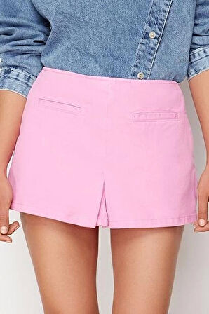 Moda Denim Yüksek Bel Boru Paça Gündelik Pembe Cep Detaylı Yüksek Bel Denim Şort