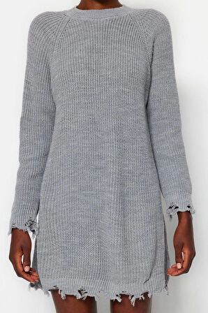 Moda Oversize Casual Günlük Çift Plaka Triko Bisiklet Yaka Uzun Kol A-Line Mini Boy Elbise