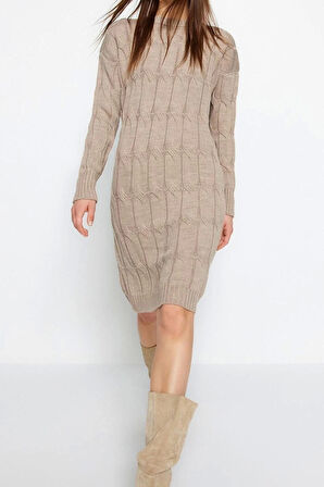 Moda Oversize Casual Günlük Çift Plaka Triko Bisiklet Yaka Uzun Kol Shift Mini Boy Elbise