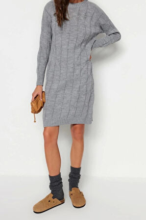 Moda Oversize Casual Günlük Çift Plaka Triko Bisiklet Yaka Uzun Kol Shift Mini Boy Elbise