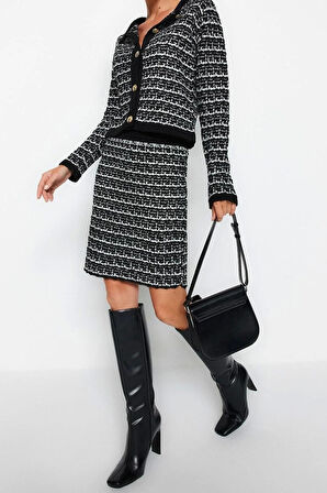 Moda Triko Dokulu Bisiklet Yaka Resmi Örgü Detaylo Hırka-Etek Triko Alt-Üst Takım