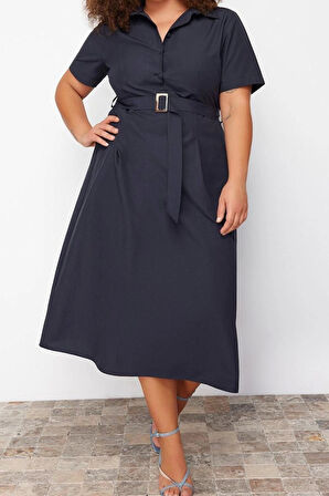Moda Fit Casual Günlük Poplin Dokuma Gömlek Yaka Kısa Kol Gömlek Elbise Midi Boy Büyük Beden Elbise