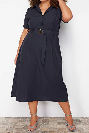 Moda Fit Casual Günlük Poplin Dokuma Gömlek Yaka Kısa Kol Gömlek Elbise Midi Boy Büyük Beden Elbise