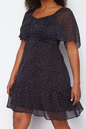 Moda Relaxed V Yaka Midi Boy Büyük Beden Siyah Puantiyeli Lastik Belli Dokuma Şifon Astarlı Elbise