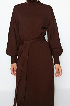 Moda Regular Casual Günlük Tek Plaka Dokuma Bisiklet Yaka Uzun Kol A-Line Maxi Boy Tesettür Elbise