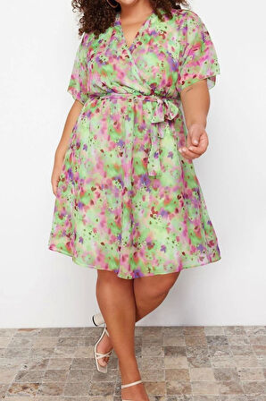 Moda Rahat Casual Günlük Şifon Dokuma Kruvaze Kısa Kol A-Line Mini Boy Büyük Beden Elbise