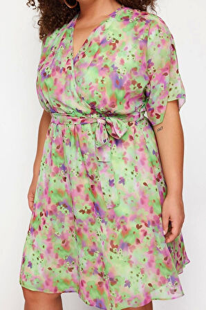 Moda Rahat Casual Günlük Şifon Dokuma Kruvaze Kısa Kol A-Line Mini Boy Büyük Beden Elbise