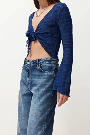 Moda V Yaka Örme Regular Düz Desen Casual Günlük Regular Uzun Kol Bluz