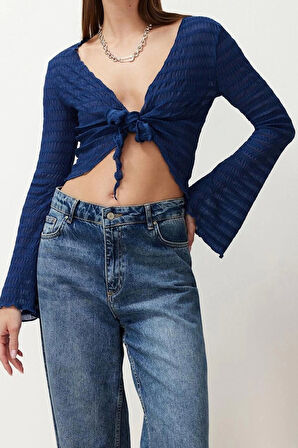 Moda V Yaka Örme Regular Düz Desen Casual Günlük Regular Uzun Kol Bluz