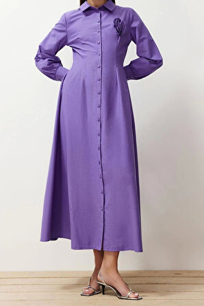 Moda Regular Casual Günlük Poplin Dokuma Gömlek Yaka Uzun Kol A-Line Maxi Boy Tesettür Elbise