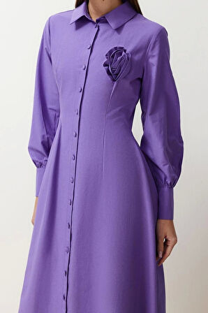 Moda Regular Casual Günlük Poplin Dokuma Gömlek Yaka Uzun Kol A-Line Maxi Boy Tesettür Elbise