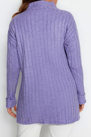 Kadın Modern Tarz Rahat Uzun Düğmeli Yaka Düz Kol Regular Triko Kazak