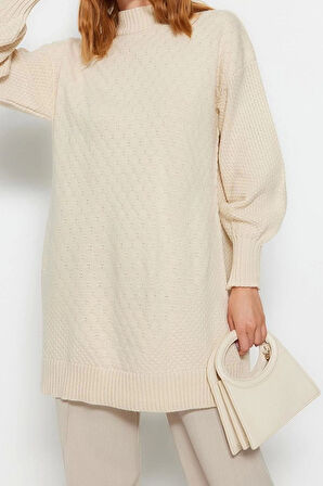 Kadın Modern Tarz Rahat Uzun Yarım Balıkçı Yaka Ajurlu Kol Midi Triko Kazak