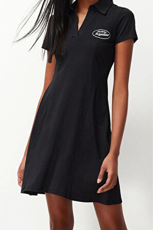 Moda Stil Regular Polo Yaka Mini Boy Skater Belden Açılan Nakışlı Pamuklu Esnek Örme Elbise