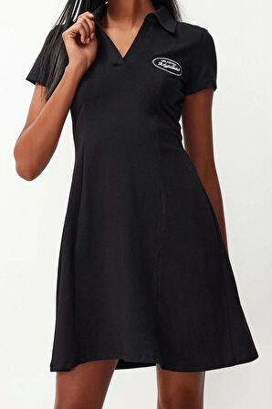 Moda Stil Regular Polo Yaka Mini Boy Skater Belden Açılan Nakışlı Pamuklu Esnek Örme Elbise