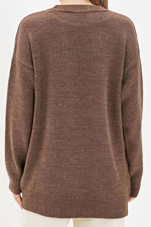 Kadın Modern Tarz Rahat Uzun Bisiklet Yaka Düz Kol Regular Triko Kazak