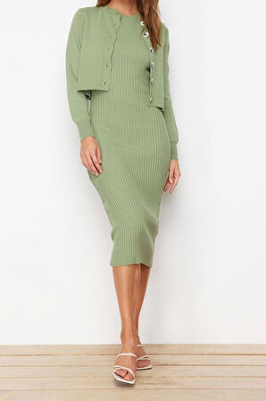 Moda Regular Casual Günlük Fitilli Triko Bisiklet Yaka Uzun Kol Bodycone Midi Boy Elbise