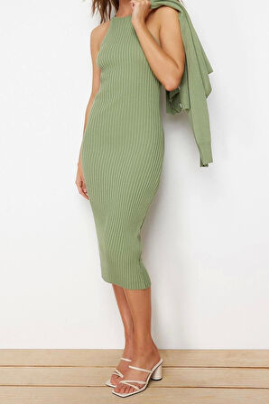 Moda Regular Casual Günlük Fitilli Triko Bisiklet Yaka Uzun Kol Bodycone Midi Boy Elbise