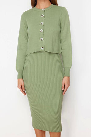 Moda Regular Casual Günlük Fitilli Triko Bisiklet Yaka Uzun Kol Bodycone Midi Boy Elbise