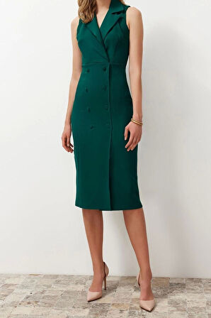 Moda Regular Business Finike Dokuma Kruvaze Kolsuz Kol Bodycone Midi Boy Elbise