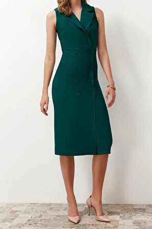 Moda Regular Business Finike Dokuma Kruvaze Kolsuz Kol Bodycone Midi Boy Elbise