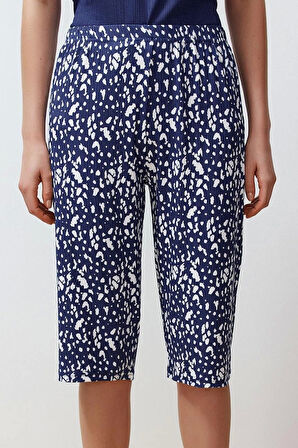 Tarz Rahat Kısa Kollu Boru Paça Baskılı Fitilli Kapri Örme Pijama Takımı