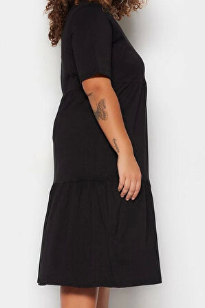 Moda Stil Relaxed Bisiklet Yaka Midi Boy Büyük Beden Volanlı %100 Pamuk Örme Elbise