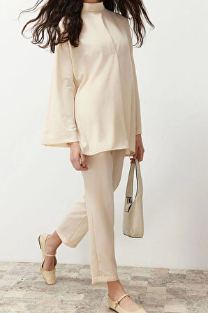 Tarz Kadın Modern Moda Normal Bel Boru Paça V Yaka Yakası Detaylı Dokuma Alt Üst Takım