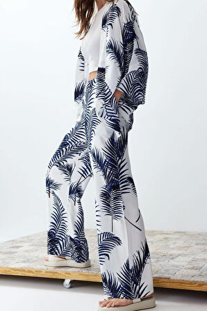 Moda Dokuma Baskılı Degaje Yaka Casual Günlük Siyah Desenli Kimono Pantolon Dokuma Alt-Üst Takım