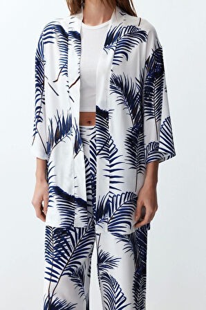 Moda Dokuma Baskılı Degaje Yaka Casual Günlük Siyah Desenli Kimono Pantolon Dokuma Alt-Üst Takım