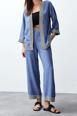 Moda Nakışlı İşlemeli Ceket Yaka Casual Günlük Indigo İşlemeli Kimono Pantolon Dokuma Alt-Üst Takım