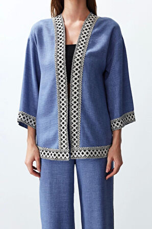 Moda Nakışlı İşlemeli Ceket Yaka Casual Günlük Indigo İşlemeli Kimono Pantolon Dokuma Alt-Üst Takım