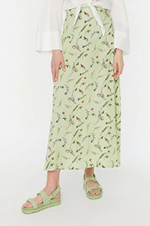 Moda Tesettür Regular Çiçekli Desen Günlük Maxi Boy Puantiye Desenli Çan Dokuma Etek