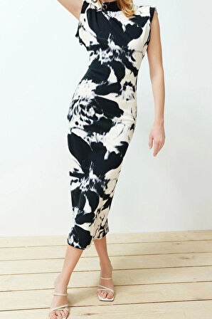 Moda Slim Casual Günlük Scuba Krep Örme Dik Yaka Kolsuz Kol Bodycone Maxi Boy Elbise