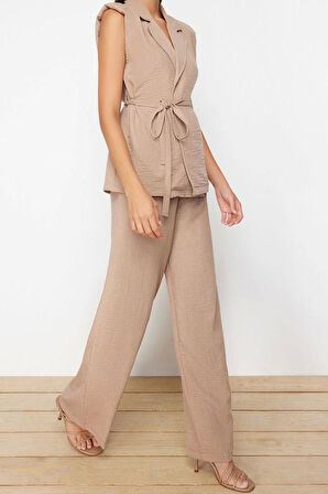 Moda Dokuma Düz Ceket Yaka Casual Günlük Koyu Kruvaze Bağlamalı Dokuma Alt-Üst Takım