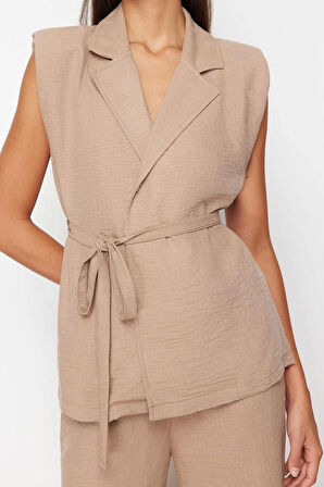 Moda Dokuma Düz Ceket Yaka Casual Günlük Koyu Kruvaze Bağlamalı Dokuma Alt-Üst Takım