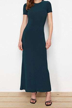 Bisiklet Yaka Mavi Kısa Kol Bodycone Vücuda Oturan Bisiklet Yaka Esnek Örme Maxi Kalem Elbise