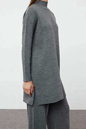 Moda Düz Balıkçı Yaka Düşük Kol Casual Günlük Yırtmaçlı Geniş Paça Triko Alt-Üst Takım
