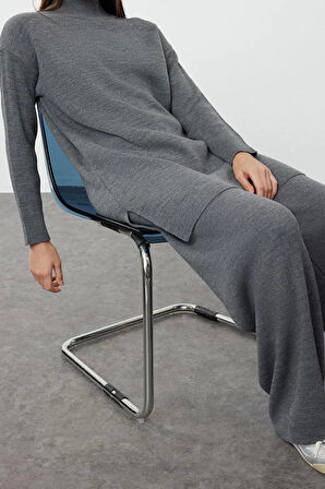 Moda Düz Balıkçı Yaka Düşük Kol Casual Günlük Yırtmaçlı Geniş Paça Triko Alt-Üst Takım