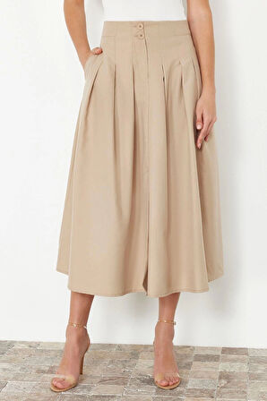 Moda Regular Düz Desen Günlük Maxi Boy Pile Detaylı Önden Düğmeli Midi Boy Dokuma Etek