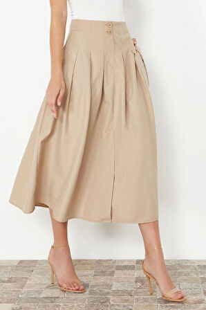 Moda Regular Düz Desen Günlük Maxi Boy Pile Detaylı Önden Düğmeli Midi Boy Dokuma Etek