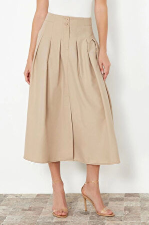 Moda Regular Düz Desen Günlük Maxi Boy Pile Detaylı Önden Düğmeli Midi Boy Dokuma Etek